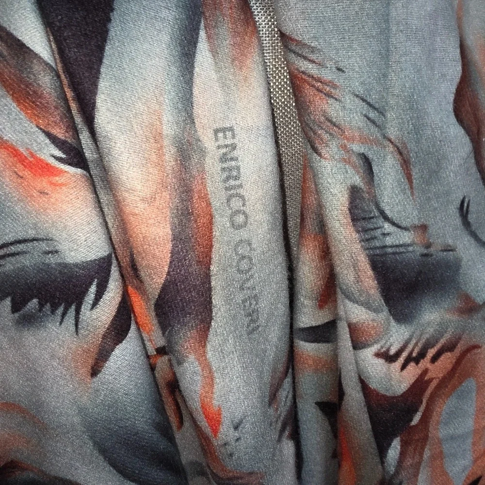 Enrico Coveri Vintage Abstract Scarf Gray Rust Fringe Italian Designer‎ 90s